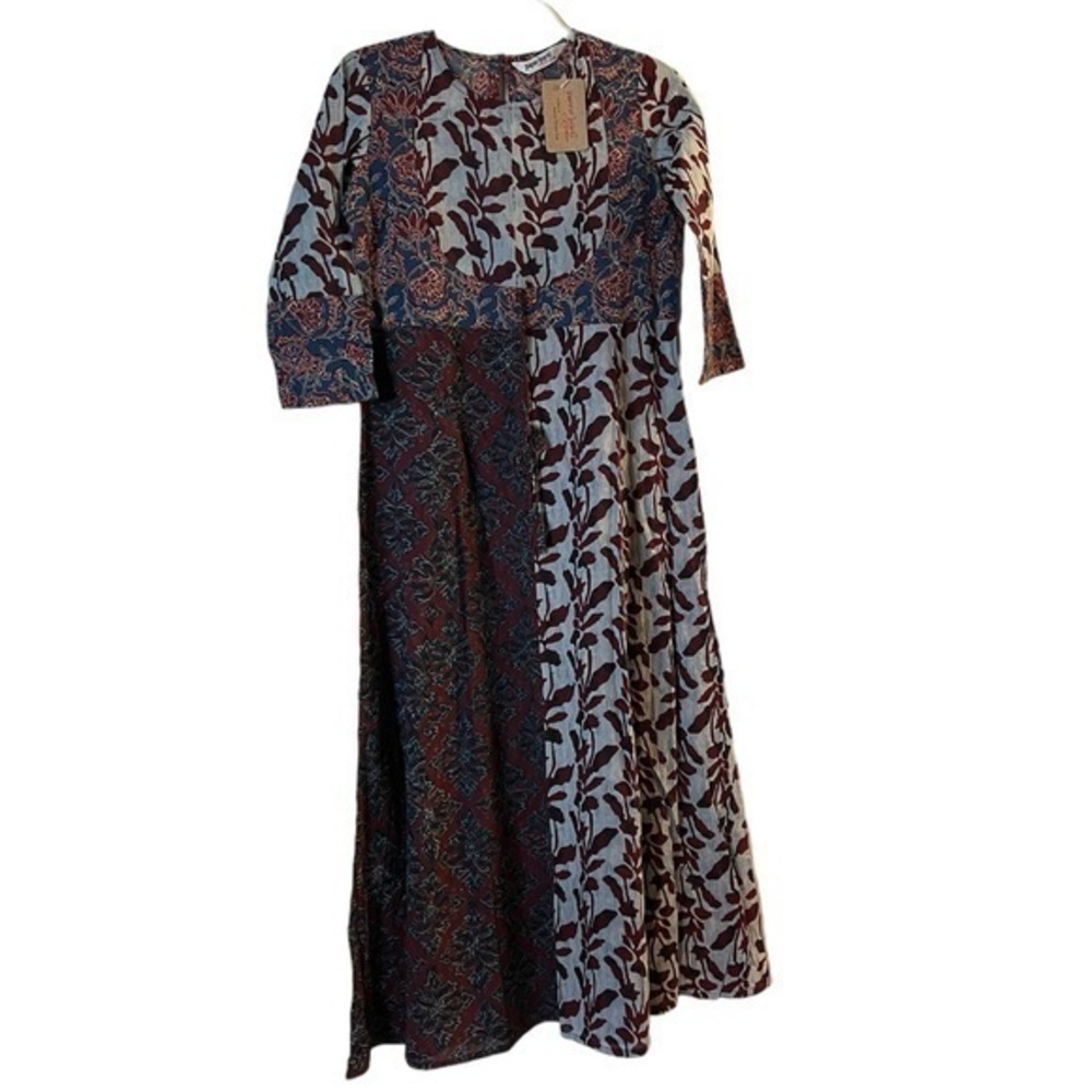 JAIPUR KURTI Indian Long Kurta Dress Cotton Floral Patchwork S NWT blue